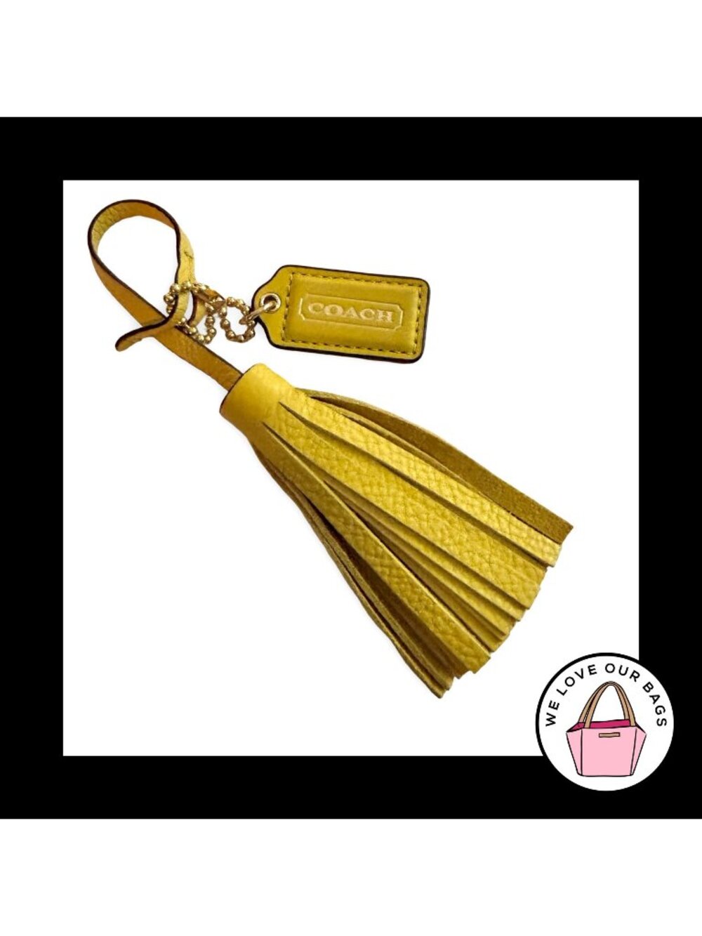 2 pc LOT COACH Yellow Leather Tassel & Hang Tag Key Fob Bag Charm Keychain Brass
